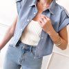 Women's Dusk Blue Denim Pinup Folded Cap Sleeve Shirt - Stylish Cropped Blouse - Image 23