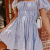 Women's Sky Blue Stripe Bubble Sleeve Square Neck Ruched Pocketed Babydoll Dress - Image 8