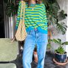 Women's Green Stripe Crew Neck Drop Shoulder Casual Sweater - Image 6