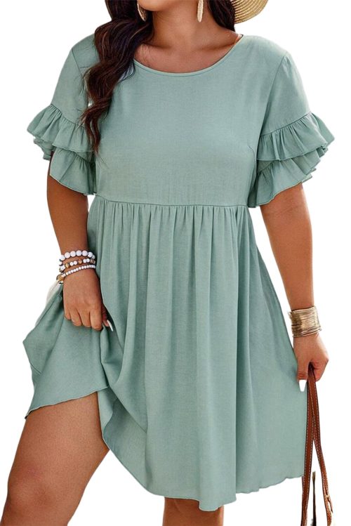 Elegant Grass Green Ruffle Trim Short Sleeve Plus Size Flared Mini Dress