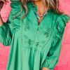 Women's Bright Green Embroidered 3/4 Sleeve V Neck Mini Dress - Image 6
