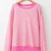 Women's Pink Stripe Loose Drop Shoulder Long Sleeve Top - Casual Fall Fashion - Image 3