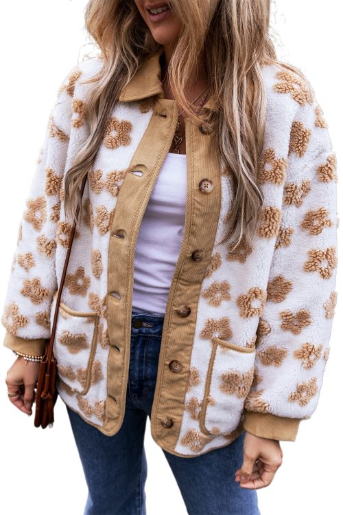 Women's Cozy Light French Beige Flower Pattern Button Up Fleece Jacket