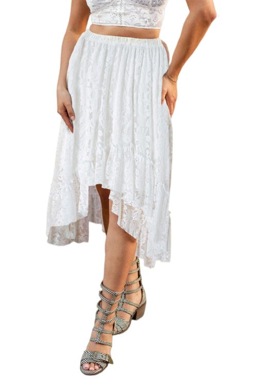 Women's White Lace Ruffled High-Low Hem Midi Skirt - Bohemian Style