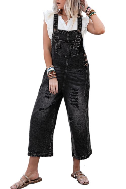 Women's Black Distressed Wide Leg Denim Overall with Bib Pocket