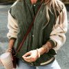 Women's Mist Green Corduroy Fleece Patchwork Buttoned Bomber Jacket - Image 6