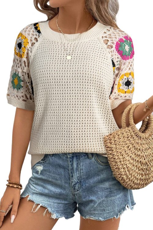 Women's Apricot Hollow Out Floral Crochet Short Sleeve Crewneck Sweater