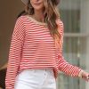 Women's Fiery Red Striped Drop Shoulder Sweater with Contrast Trim - Image 3