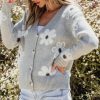 Women's Light Grey Floral Print V Neck Knitted Button Up Cardigan - Image 5