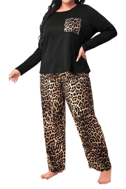 Plus Size Black Leopard Patched Pocket Long Sleeve Top & Pants Set