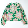 Women's Green Floral Print Button Up Pleated Puff Sleeve Loose Shirt - Image 7