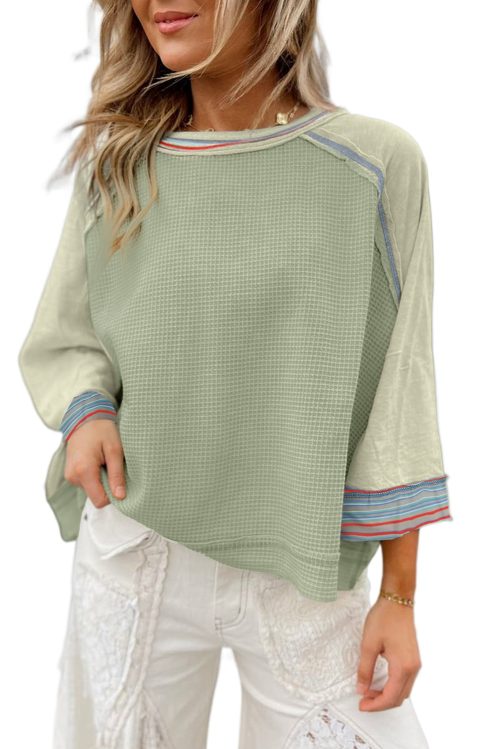 Women's Meadow Mist Green Waffle Knit Patchwork Raglan Top with Wide Bracelet Sleeves