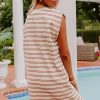 Women's Khaki Stripe Sleeveless Mini Dress with Pockets - Casual Round Neck Style - Image 11