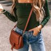 Women's Blackish Green Solid Color Square Neck Long Sleeve Slim Fit Bodysuit - Image 3