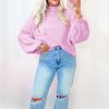 Women's Pink Raw Edge Ribbed Detail Drop Shoulder Sweater - Casual Chic for Winter - Image 3