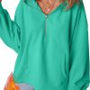 Women's Aruba Blue Fleece Lined Loose Hoodie with Half Zipper and Kangaroo Pockets - Image 2