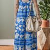 Women's Blue Floral Print Wide Leg Sleeveless Jumpsuit - Perfect for Summer Vacations - Image 2