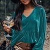 Women's Elegant Sea Green Velvet V Neck Peplum Hem Puff Sleeve Blouse - Image 12