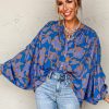 Women's Blue Floral Print Batwing Sleeve Buttoned Loose Fit Shirt for Casual & Semi-Formal Wear - Image 3