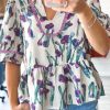 Women's Purple Floral Ricrac Trim Peplum Top with Puff Sleeves - Image 9