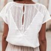 Women's White Lace Crochet Textured Button Back V Neck T-Shirt for Casual and Vacation Wear - Image 2