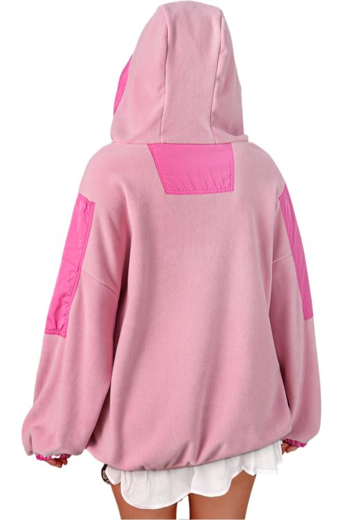 Women's Pink Colorblock Patchwork Half Zip Oversized Sherpa Hoodie