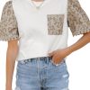 Women's Elegant White Leopard Patchwork Puff Sleeve T-Shirt with Crochet Lace Trim - Image 22