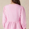 Women's Pink Stripe Bowknot Front Crew Neck Puff Sleeve Blouse - Image 3