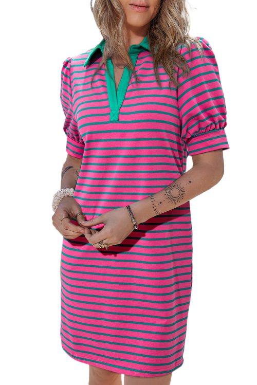 Women's Pink Stripe Collared V Neck Puff Sleeve T-Shirt Mini Dress