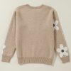 Women's Parchment Flower Pattern Crew Neck Sweater with Ribbed Trim - Image 6