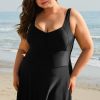 Women's Black Plus Size Solid Pleated Ruffled One Piece Swim Dress for Beach Days - Image 6