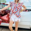 Women's Red Floral Pintuck V-Neck Top with Ruffled Sleeves - Elegant Summer Blouse - Image 6