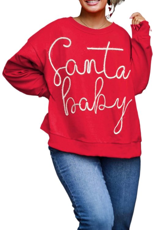 Plus Size Fiery Red Santa Baby Tinsel Crew Neck Sweatshirt for Women