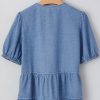 Women's Dusk Blue Tied Front Bubble Sleeve Peplum Denim Shirt - Image 5