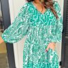 Boho Chic Green Puff Sleeve Tied V Neck Flared Mini Dress - Image 6