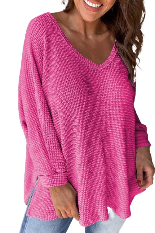 Women's Rose Red Waffle Knit V Neck Loose Fit Top with Side Slits