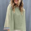 Women's Meadow Mist Green Waffle Knit Patchwork Raglan Top with Wide Bracelet Sleeves - Image 3