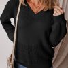 Women's Black Eyelet Pattern V Neck Drop Shoulder Sweater - Casual and Stylish for Fall - Image 6