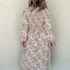 Women's Khaki Floral Smocked Puff Sleeve Maxi Dress - Timeless Elegance - Image 3