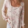 Women's Pink Floral Print Pleated U Neck Loose Fit Blouse - Elegant and Charming - Image 5