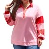 Plus Size Rose Striped Patchwork Side Split Collared Sweatshirt - Image 20