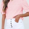 Women's Chic Pink Flower Geometric Textured Button Short Sleeve Top - Image 7