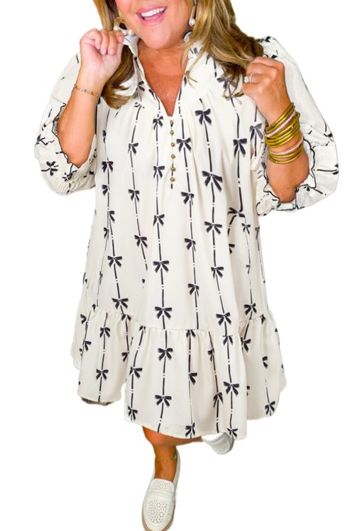 Plus Size Apricot Bow Printed Puff Sleeve Ruffled Mini Dress for Women