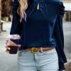 Women's Elegant Sky Blue Mock Neck Puff Sleeve Velvet Blouse - Image 3