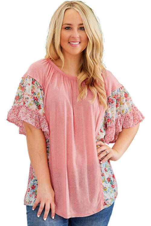 Plus Size Pink Floral Patchwork Ruffled Short Sleeve Blouse for Women