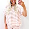 Chic Pink Stripe Knitted Short Sleeve Top and Drawstring Shorts Set for Women - Image 4