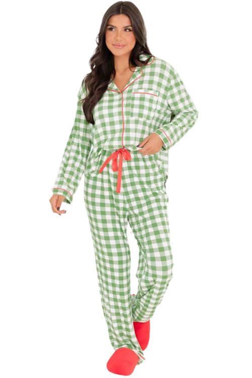 Women's Light Green Christmas Plaid Print Jumpsuit Pajama Set