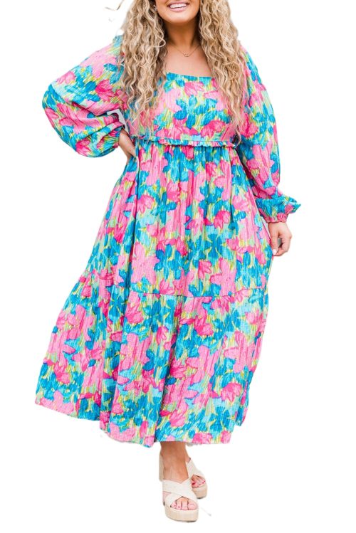 Plus Size Sky Blue Floral Allover Print Shirred Square Neck Maxi Dress