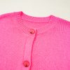 Bright Pink Distressed Hem Short Sleeve Knitted Button Front Sweater for Women - Image 15