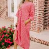 Strawberry Pink Striped Semi-Fitted Shift T-Shirt Dress with 3/4 Sleeves - Image 2